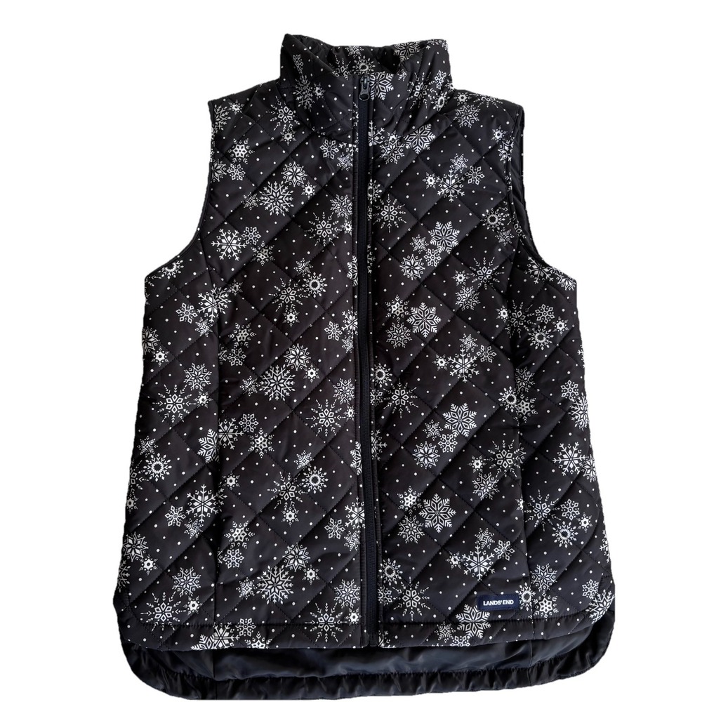 Land's End Black Quilted Puffer Vest Snowflakes Women Size S 6-8 Winter Holidays